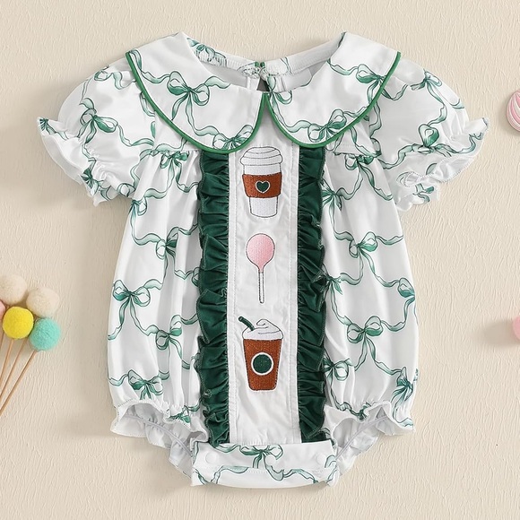 unbranded Other - Girl Embroidery Short Sleeve Romper Collar Floral Smocked onesie size 18-24 mo